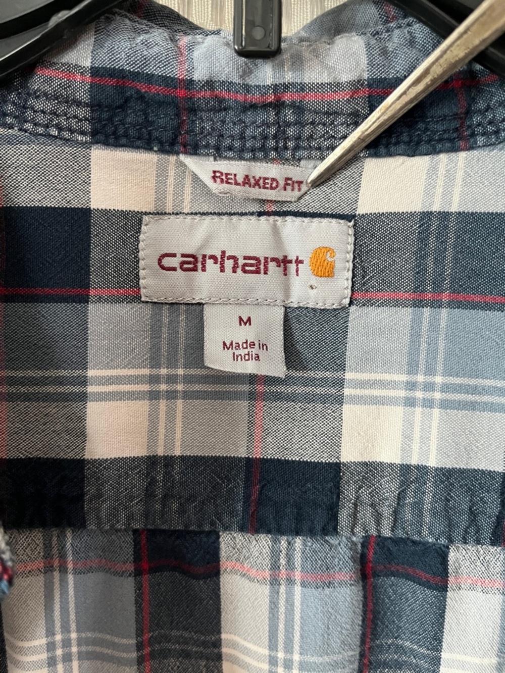 Carhartt Plaid Shirt M Relaxed Fit Blue Gray Cotton Distressed Workwear Classic - Picture 6 of 9